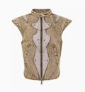 Korean style light denim pleated vest for men on a hanger, showing front detail.