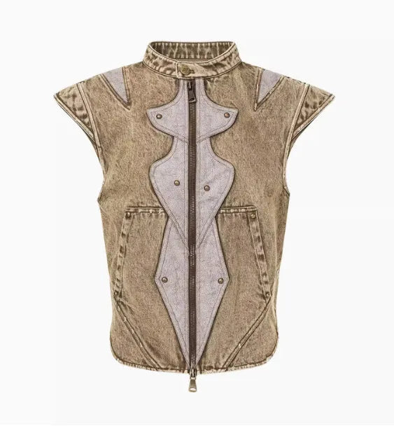 Korean style light denim pleated vest for men on a hanger, showing front detail.