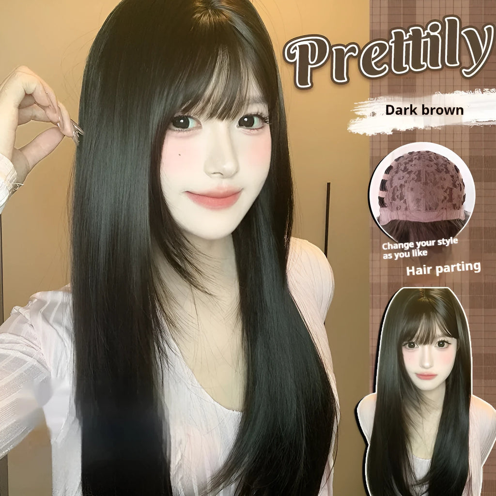Dark brown women's wig with long straight hair and bangs style on wig head