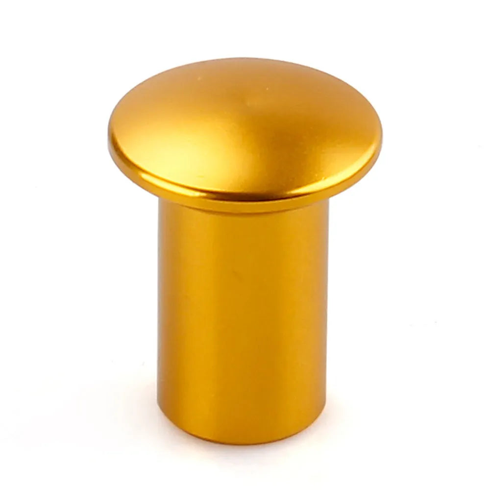 Aluminium alloy handbrake release button cap for car modification in gold, silver, black, blue, and red colours.