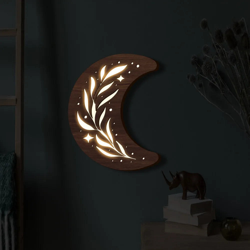 Bohemian style wooden leaf crescent pendant lamp in basswood with buckle hook for hanging