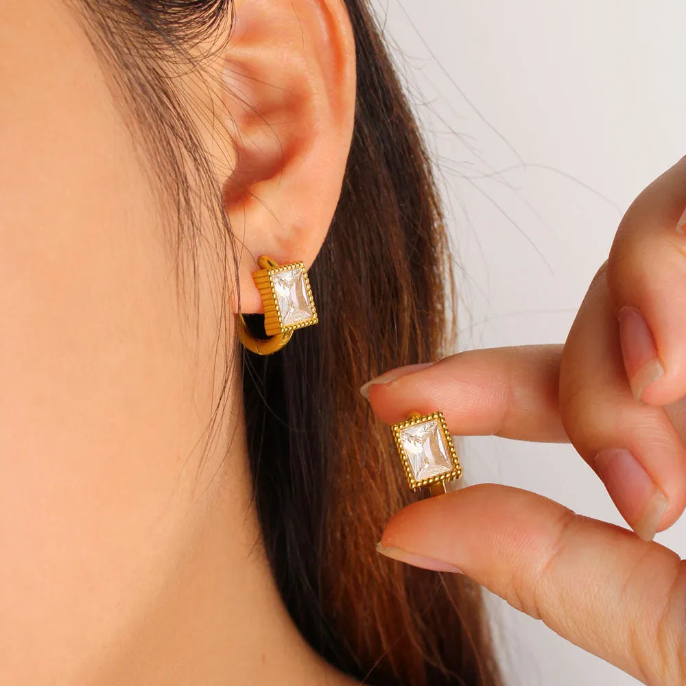 Square geometric stainless steel earrings with round zircon accents in white, black, or green electroplated finish