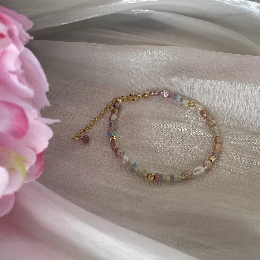 Handcrafted natural pearl bracelet and necklace set with 14K gold-plated finish and U-shaped design
