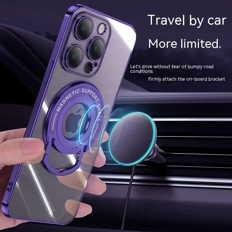 Transparent magnetic iPhone case with a silver electroplated frame and a pulled-out kickstand.