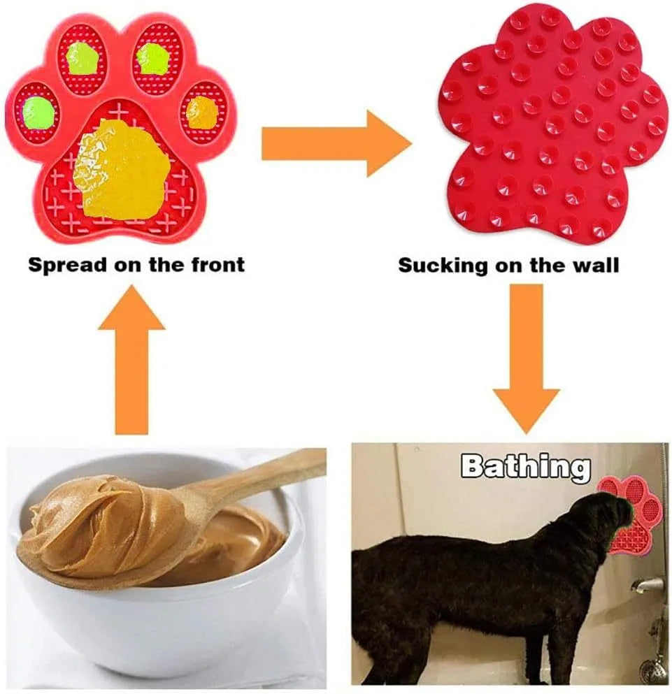 Blue silicone dog licking mat with suction cups on a tile surface, showing bone-shaped texture