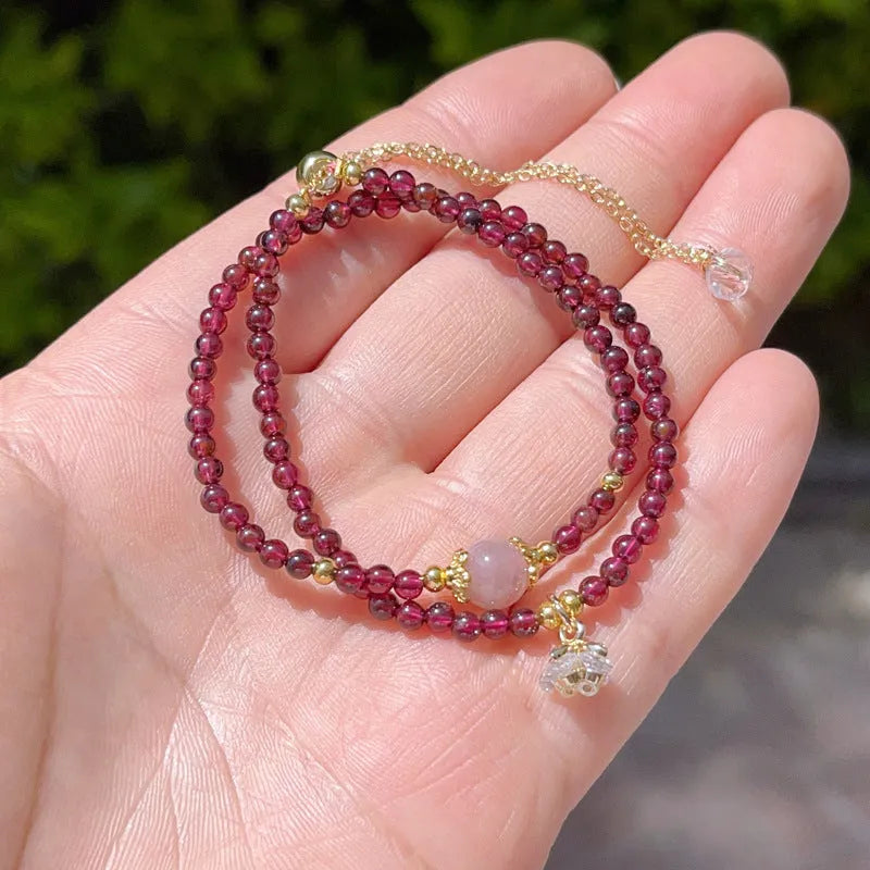 Women's handmade natural garnet double ring bracelet in H311 colour