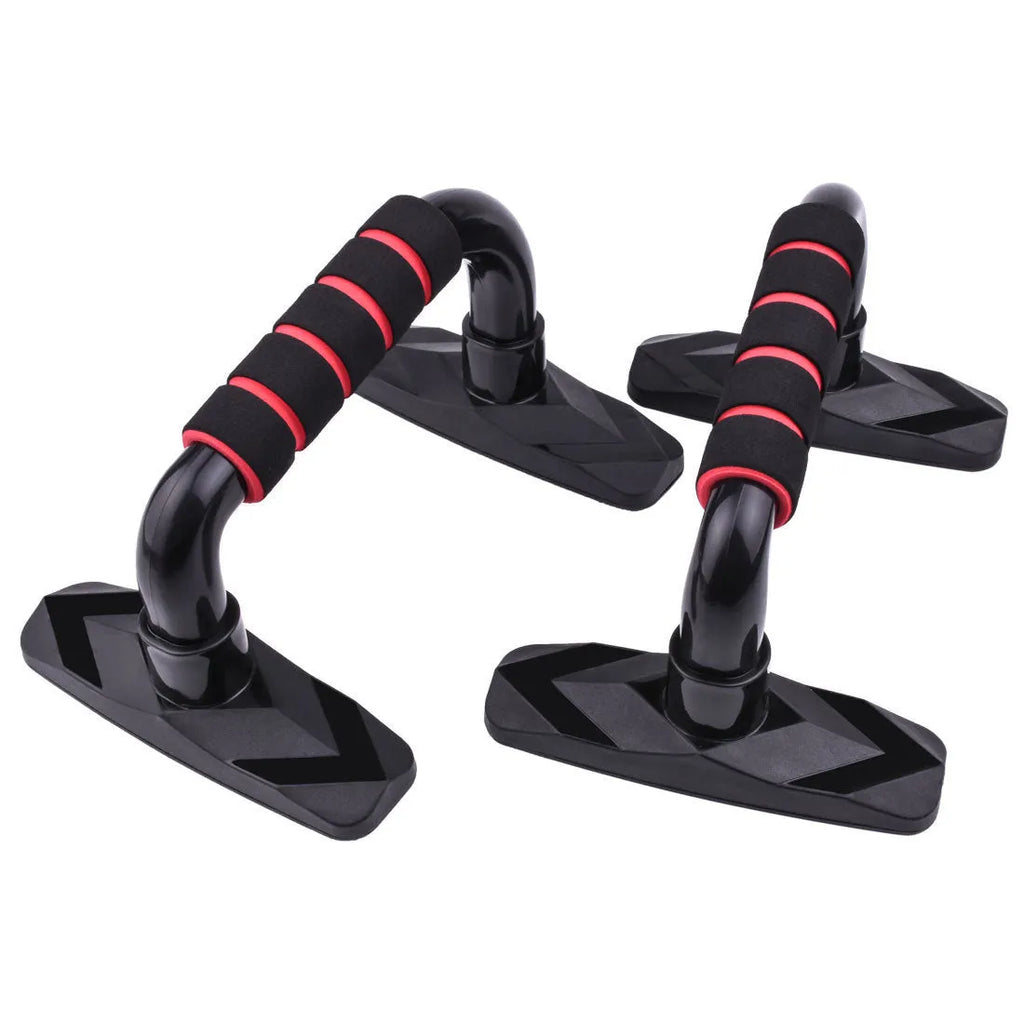 Two I-shaped push up bars with PP sponge handles showing 8cm elevation and adjustable width positioning