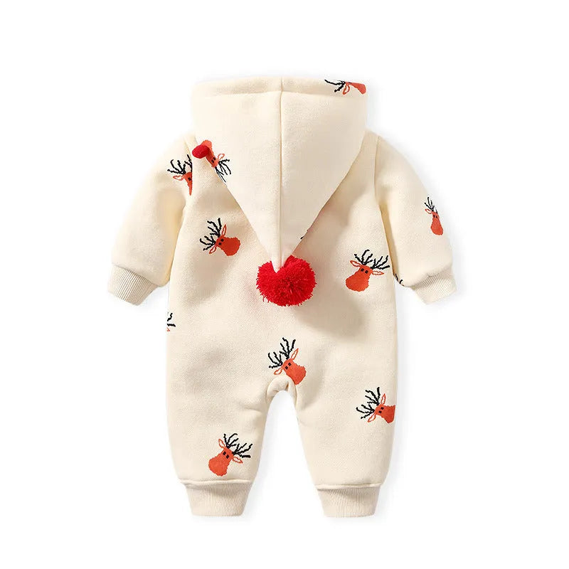 Khaki coloured padded one-piece baby outfit with a Christmas moose design, showing front view.