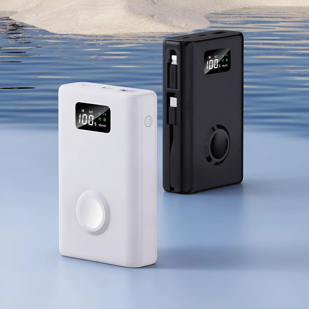 White and black wireless charging power bank with 20000mAh capacity and seven charging ports