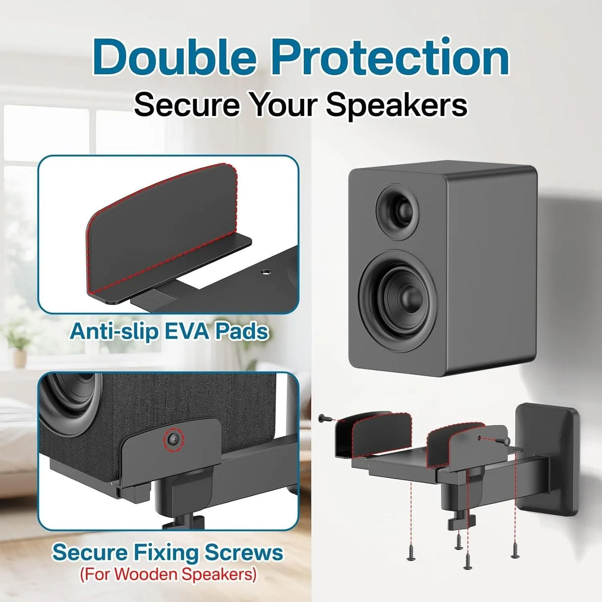 Double clip speaker wall mount 2 pack black wall hanging rack audio accessory