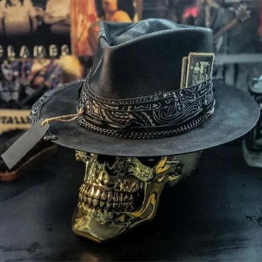 Handmade wool skull hat with conical crown design for Halloween or alternative fashion wear