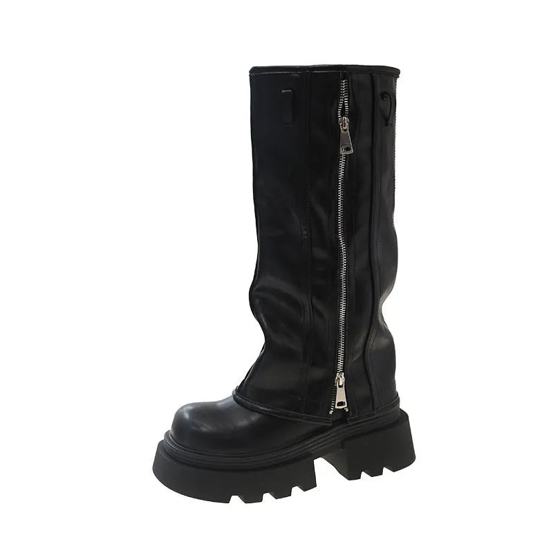 Platform Muffin Pants Martin Boots in black, brown, or wine red with high cylinder socks and rubber soles