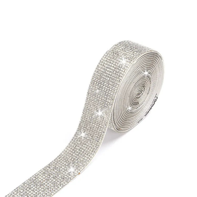 Self-adhesive water drill strip showing electroplated glass surface with adhesive backing, available in white and AB colours