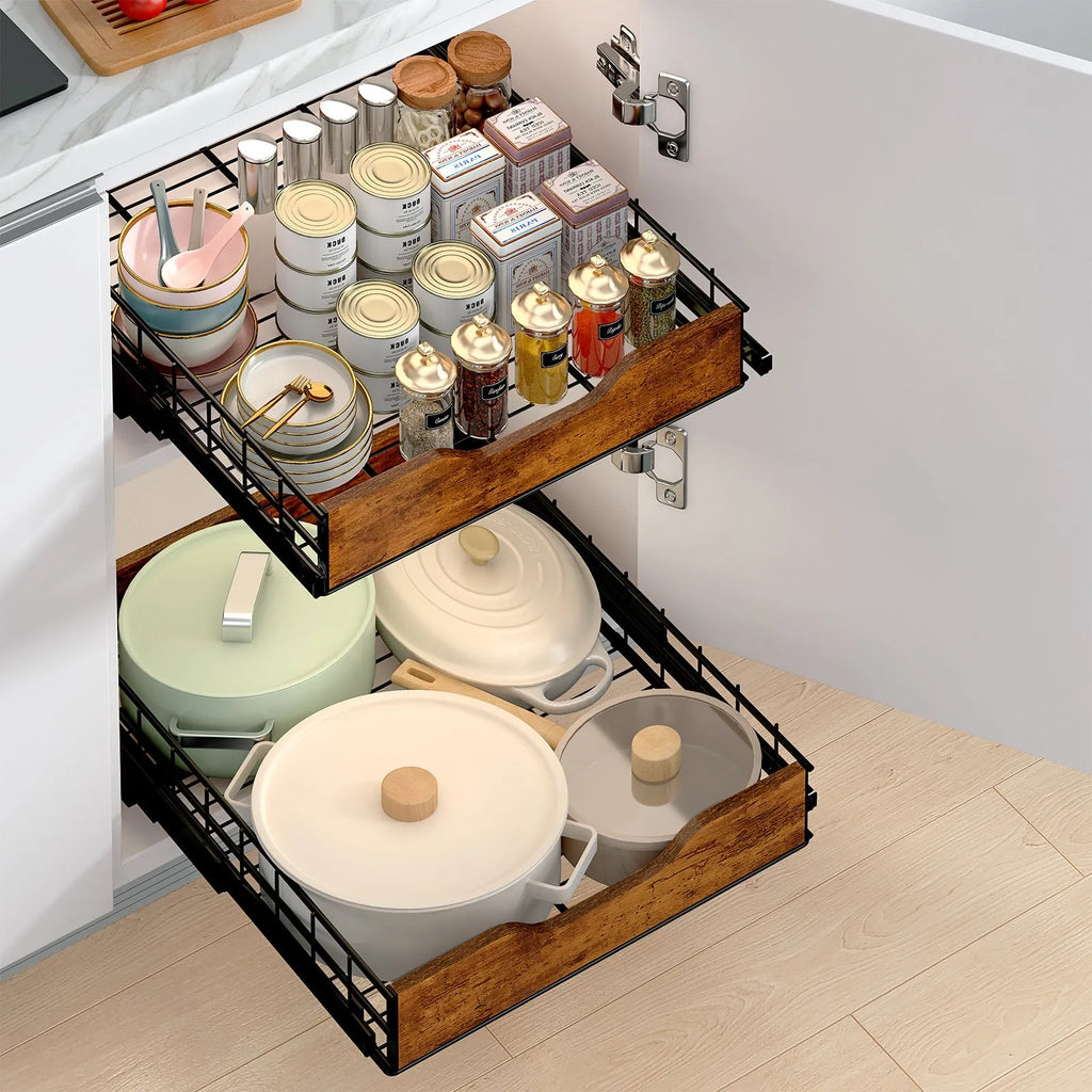 Black kitchen storage rack with pull basket design made from wood and iron materials