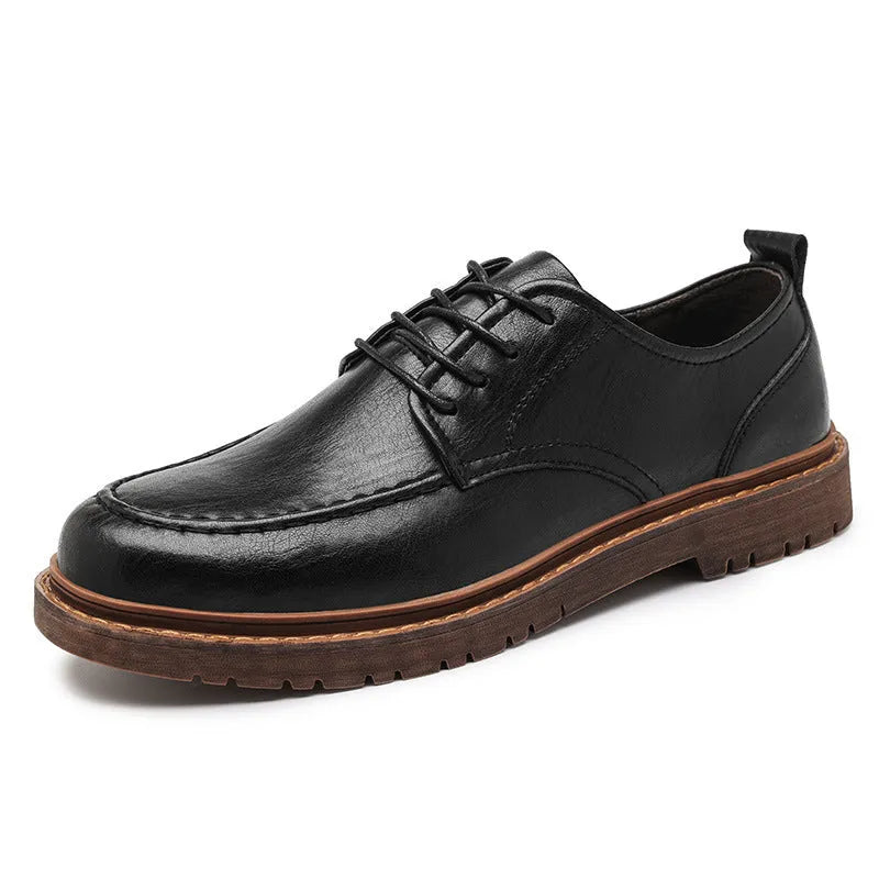 Black and brown tooling casual leather shoes with round toe and flat rubber sole