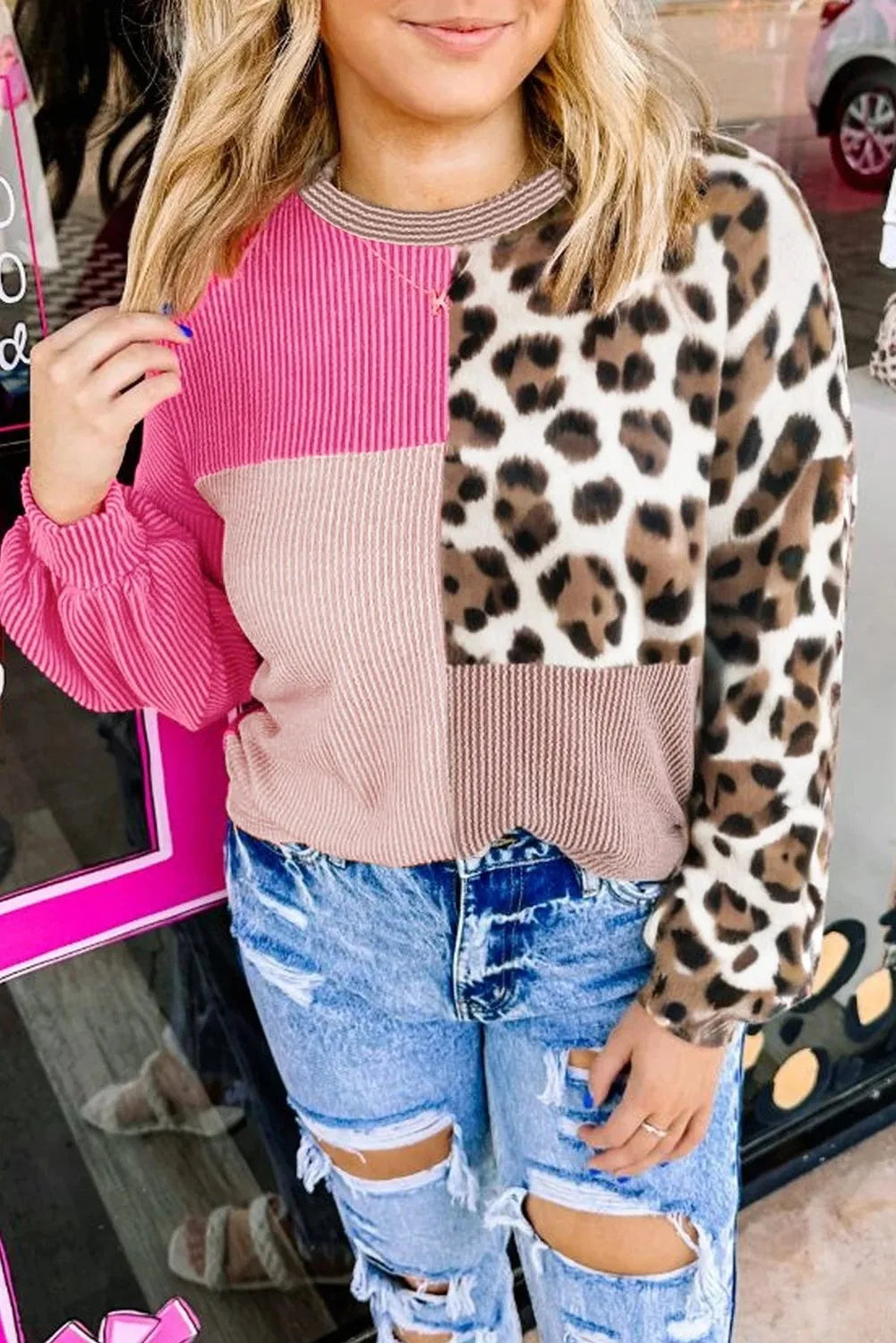 Women's rose red long-sleeve top with round neck, leopard print, and colour-block patch, sizes XL to 4XL