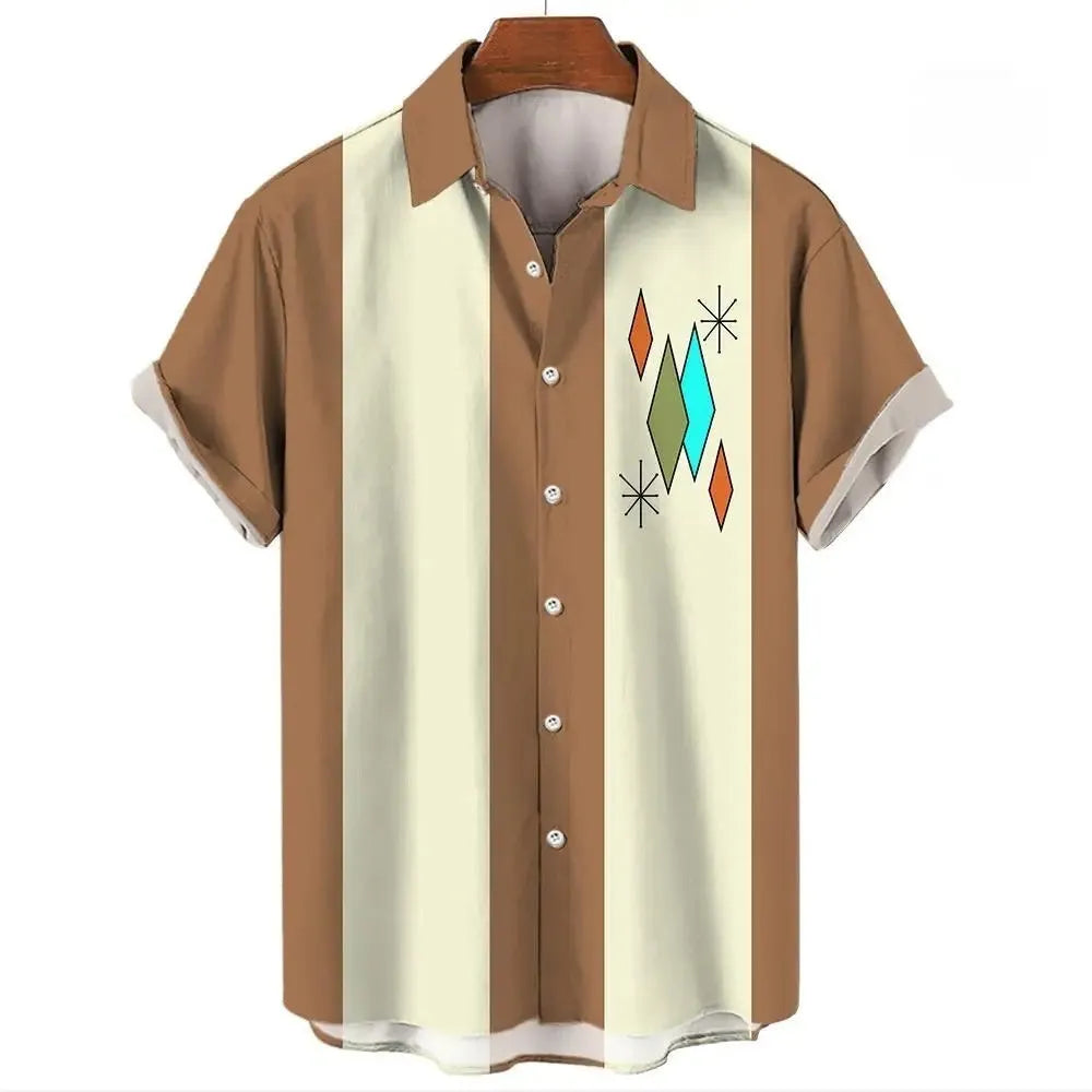 Men's striped Hawaiian shirt with button-up front and short sleeves showing elastic fabric stretch