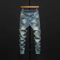 Men's slim-fitting dark blue denim jeans with micro-elasticity, mid-waist trousers length design on size 32 mannequin