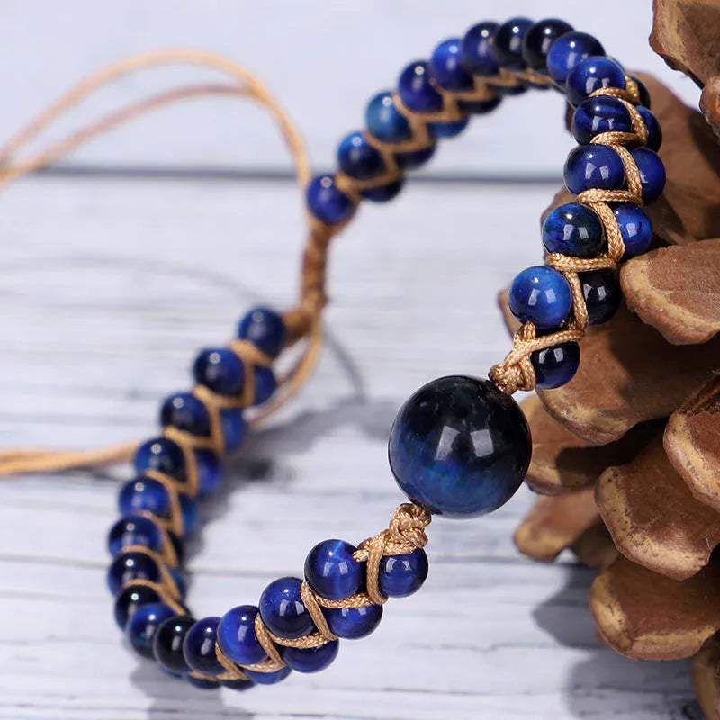 Hand-woven adjustable pull bracelet with 8mm blue tigereye or amethyst beads in geometry pattern