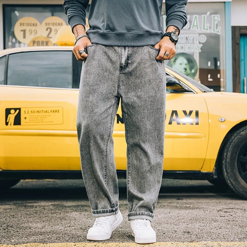 Men's loose straight jeans in dark blue cotton with mid-waist fit and straight leg cut