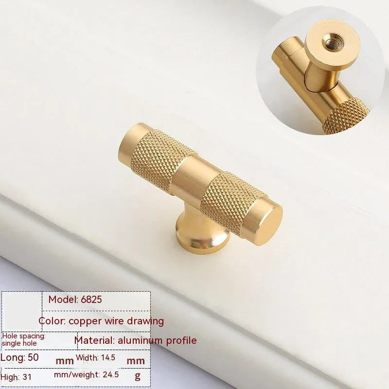 Modern brushed brass aluminium drawer handle showing hole spacing options for cabinet hardware