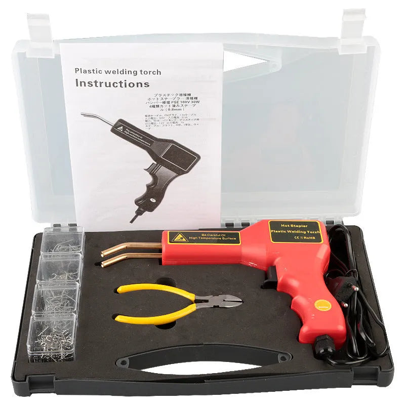 Plastic repair welding gun with LED light for car bumper repairs showing 1.7m power cord and welding nail compartment