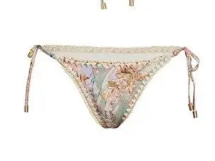 Women's floral bikini suit with skirt in creamy-white nylon for beach swimming