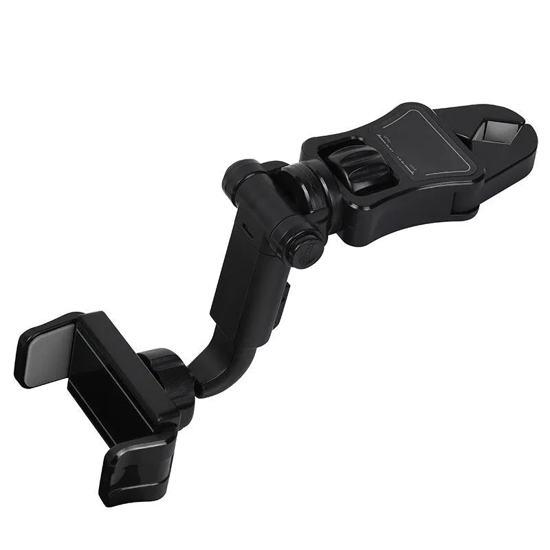 Black and green car phone holder attached to rear view mirror bracket