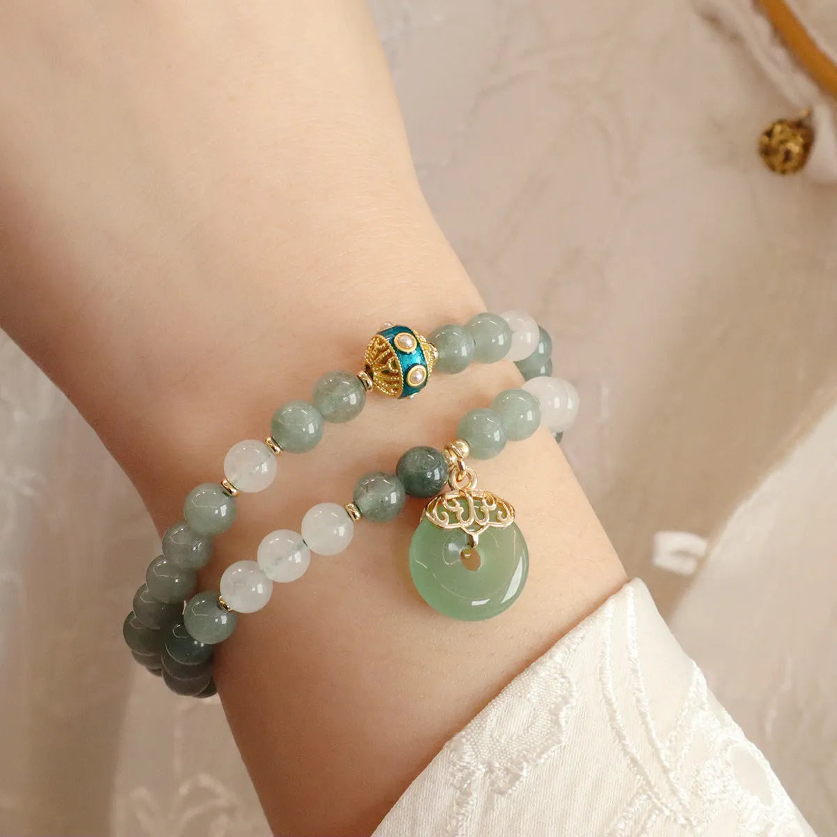 Women's Myanmar jade safety buckle bracelet with geometric shapes and crystal details