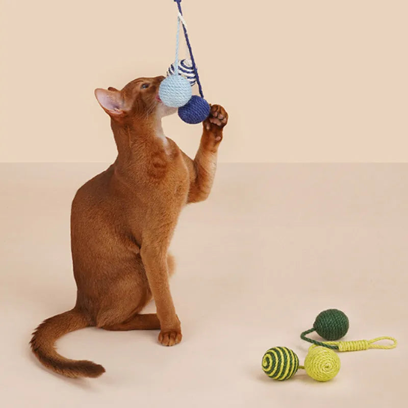 Cat toy set with 255mm teaser stick and bite-resistant catnip ball in blue, green, red, yellow colours