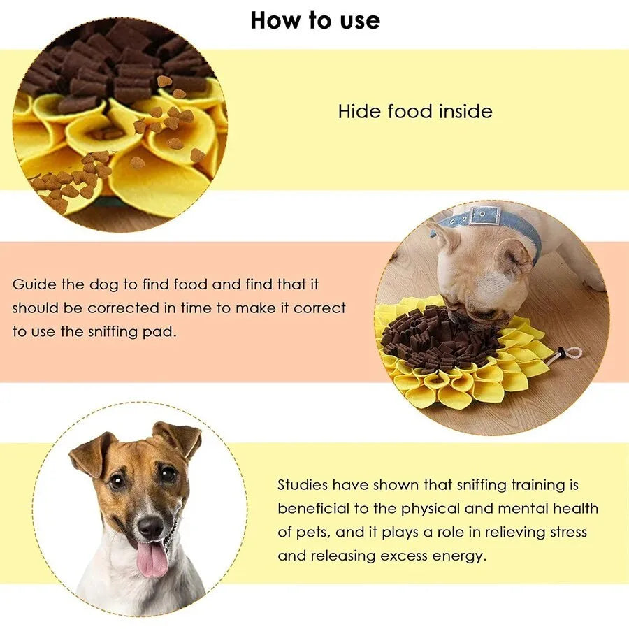 Yellow sunflower pattern dog snuffle mat measuring 37.5cm square with rope attachment