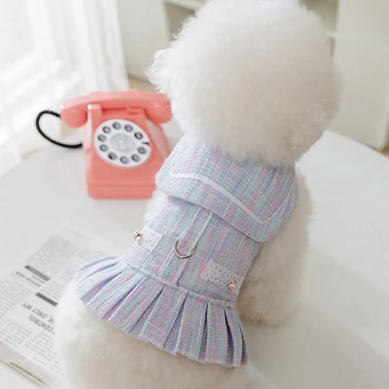 Small dog or cat clothing in pink or purple with ruffled sleeves, showing four size options for pets 1.5kg to 7.5kg