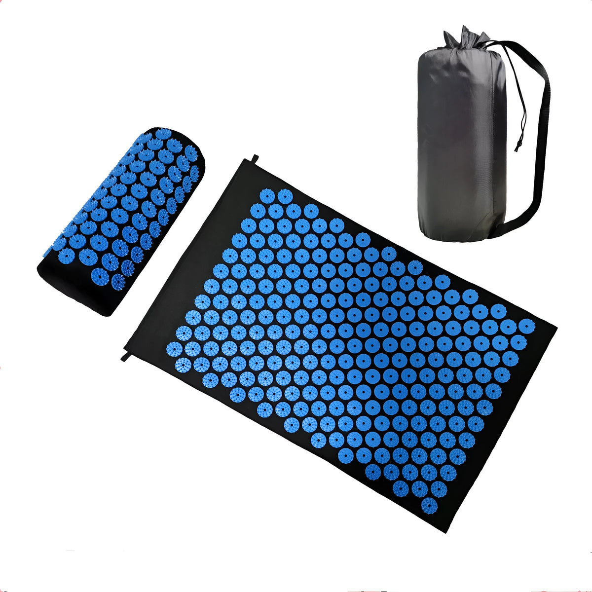 Acupuncture massage mat and headrest set, 68x42x2cm cushion, 38x15x10cm headrest, PP sponge, black and blue