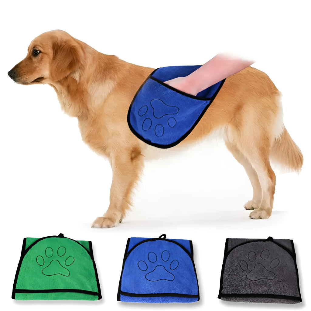 Absorbent fibre dog bath towel in bathrobe shape, plain pattern, available in blue, grey, or green.