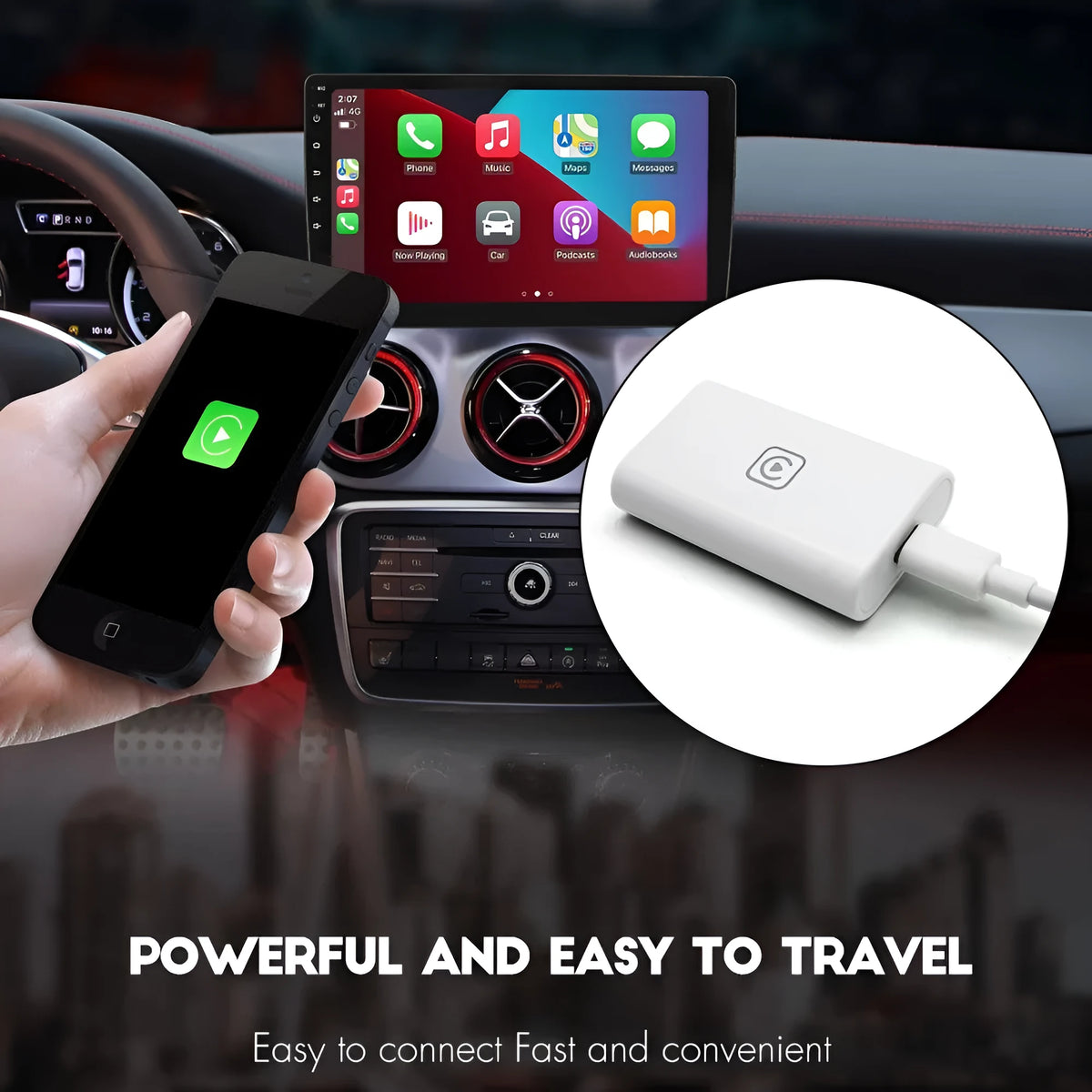 White wireless CarPlay box module, ABS, 120x90x35mm, USB powered, WiFi projection for in-car use