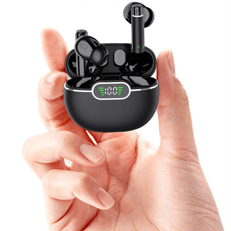Black wireless Bluetooth earbuds with digital display charging case, 13mm drivers and IPX5 waterproof rating.