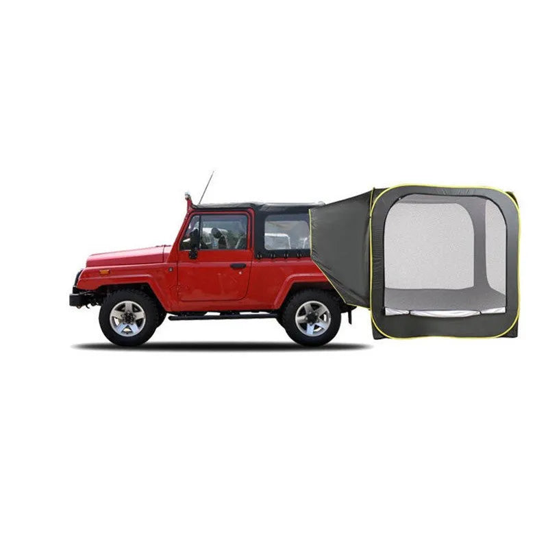 Black pop-up outdoor camping car tail tent with steel frame unfolded to 200x200x200cm dimensions