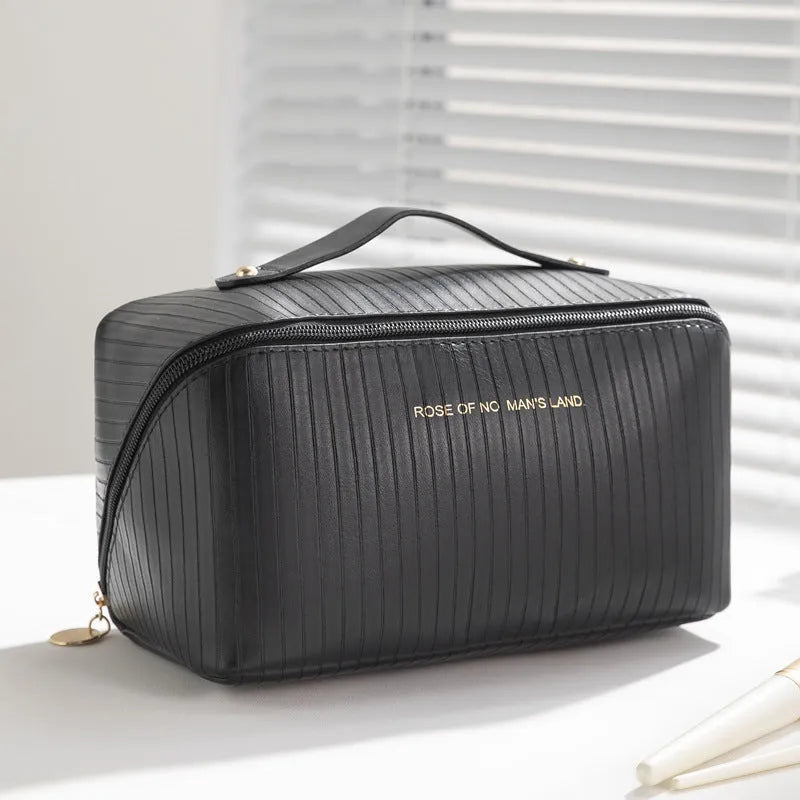 Vertical pattern cubic makeup bag in beige, black, brown, grey, or pink with 22.5cm dimensions