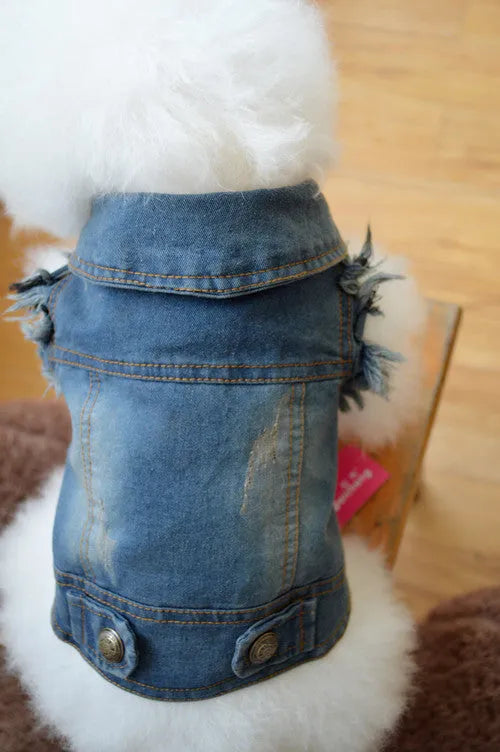Retro scratch pattern denim dog vest for smaller breeds in dark and light colour options