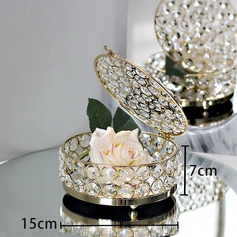 French gold jewellery box with crystal glass lid showing interior, measuring 15cm wide