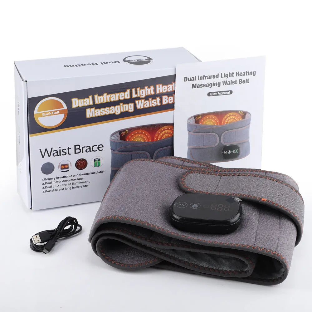 Grey fabric rechargeable electric heating belt with adjustable strap for back and waist warmth.