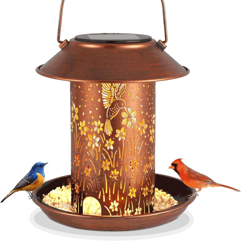 Iron art solar lamp feeder with hummingbird pattern design for garden lighting