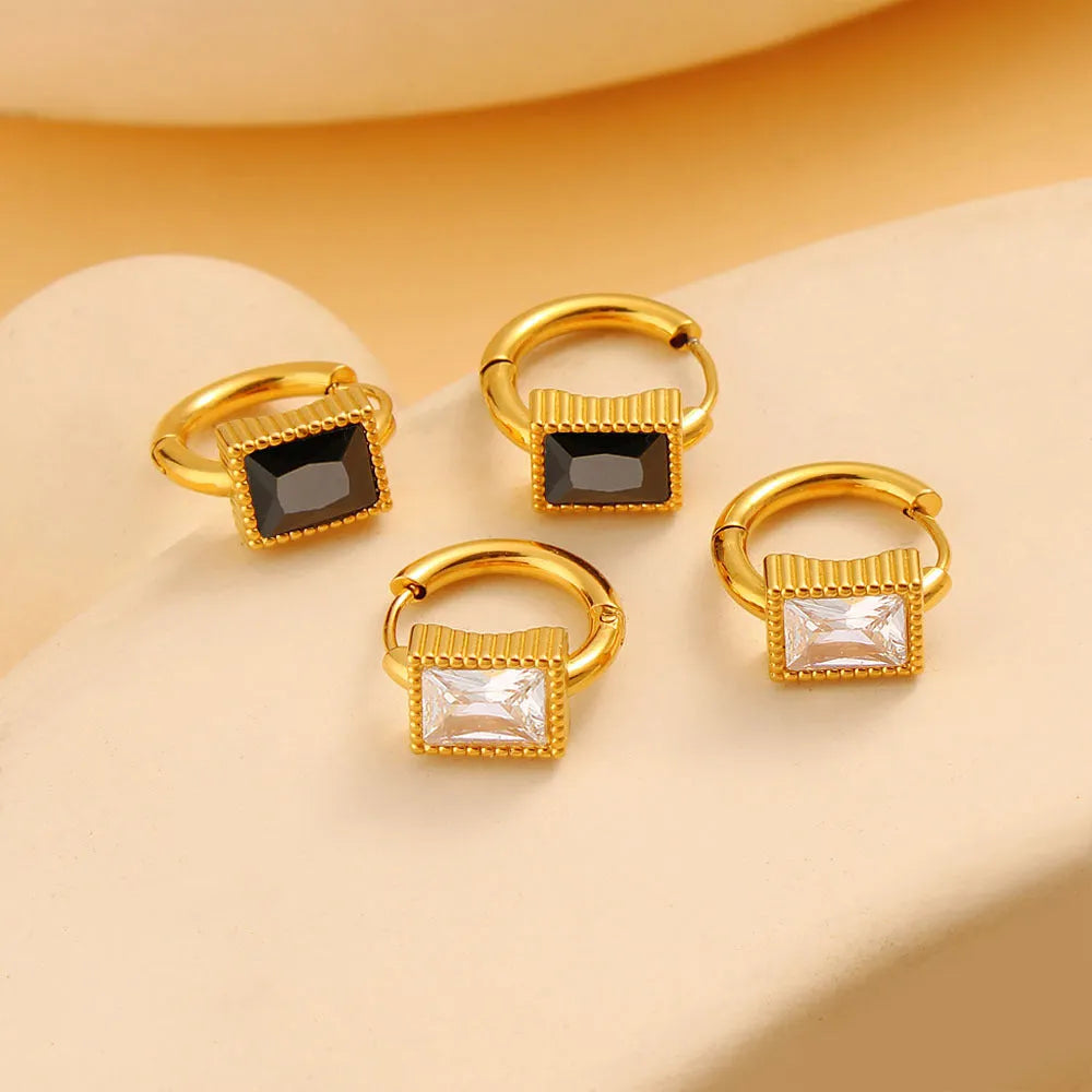 Square geometric stainless steel earrings with round zircon accents in white, black, or green electroplated finish