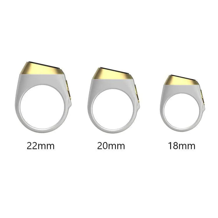 Zikr1 smart ring in silver with 0.49-inch OLED display showing time and Tasbih count on a finger