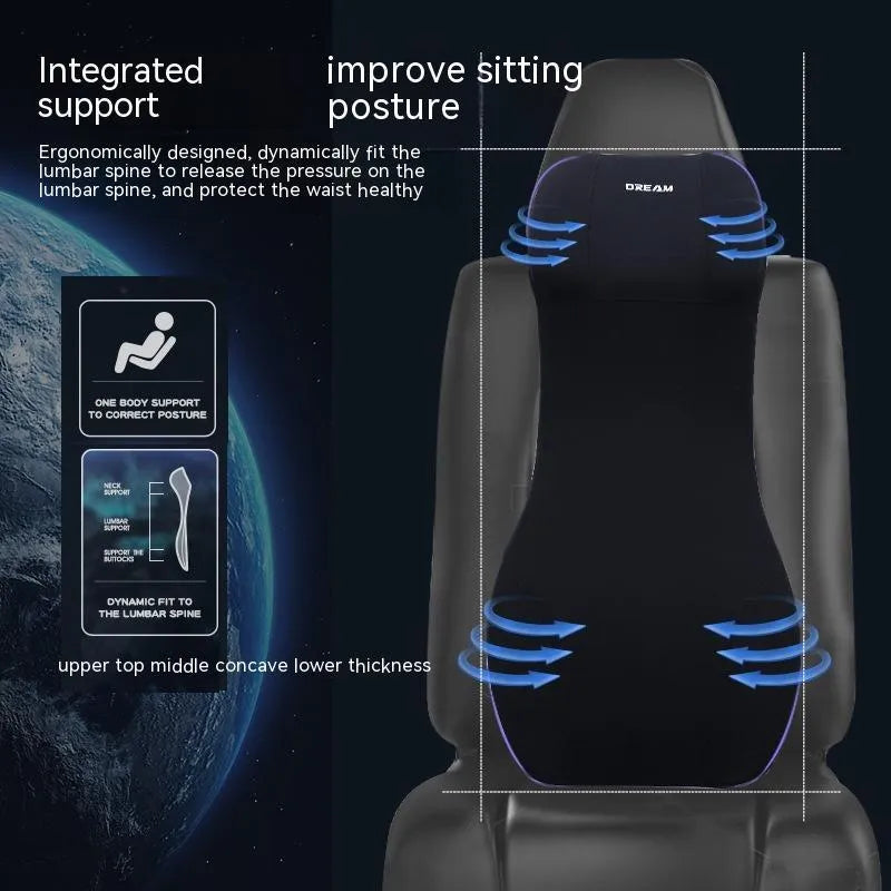 Black automotive memory foam cushion mat with integrated headrest and lumbar support pillow on a car seat.