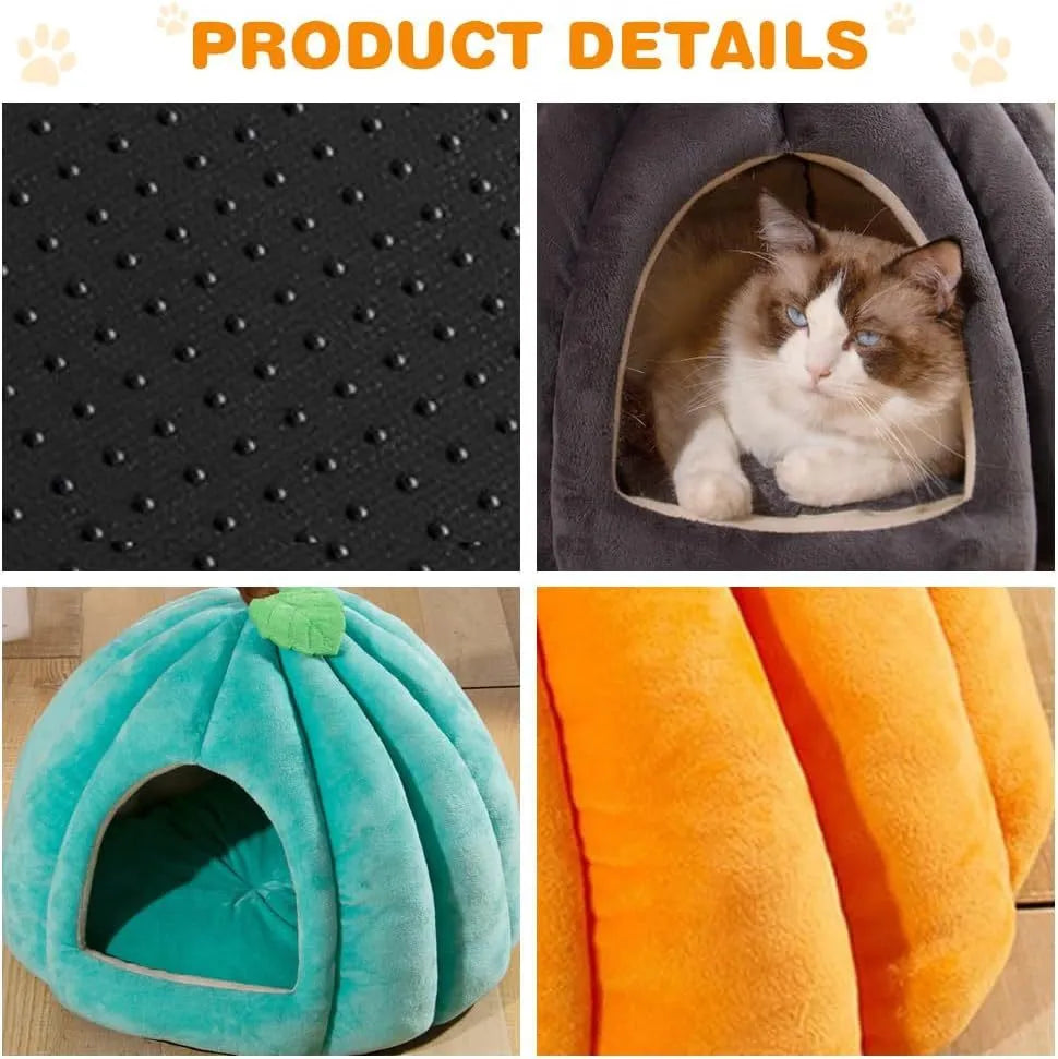 Pumpkin-shaped cat cave bed with removable mat in blue, grey or yellow