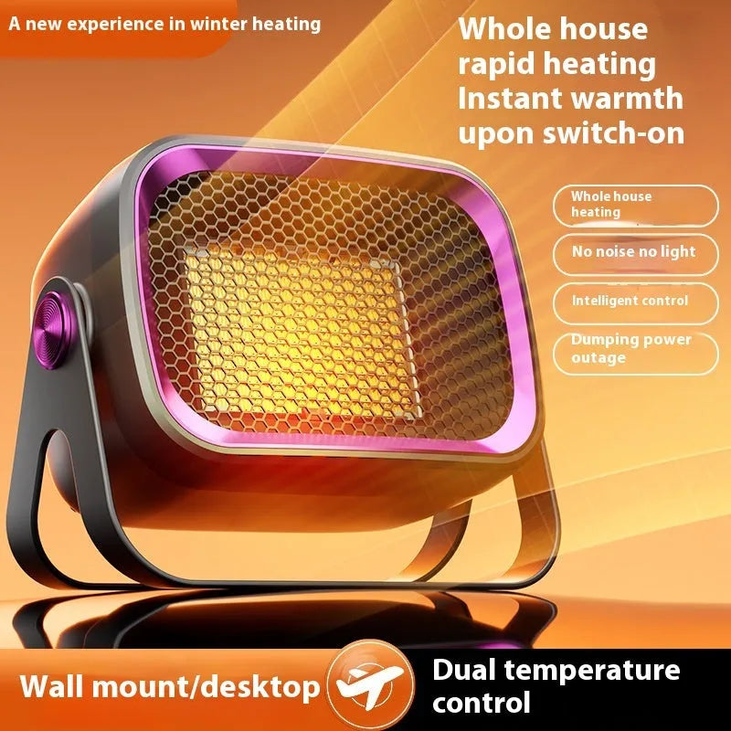 White desktop heater with rotation function and push-button controls showing compact design for small rooms