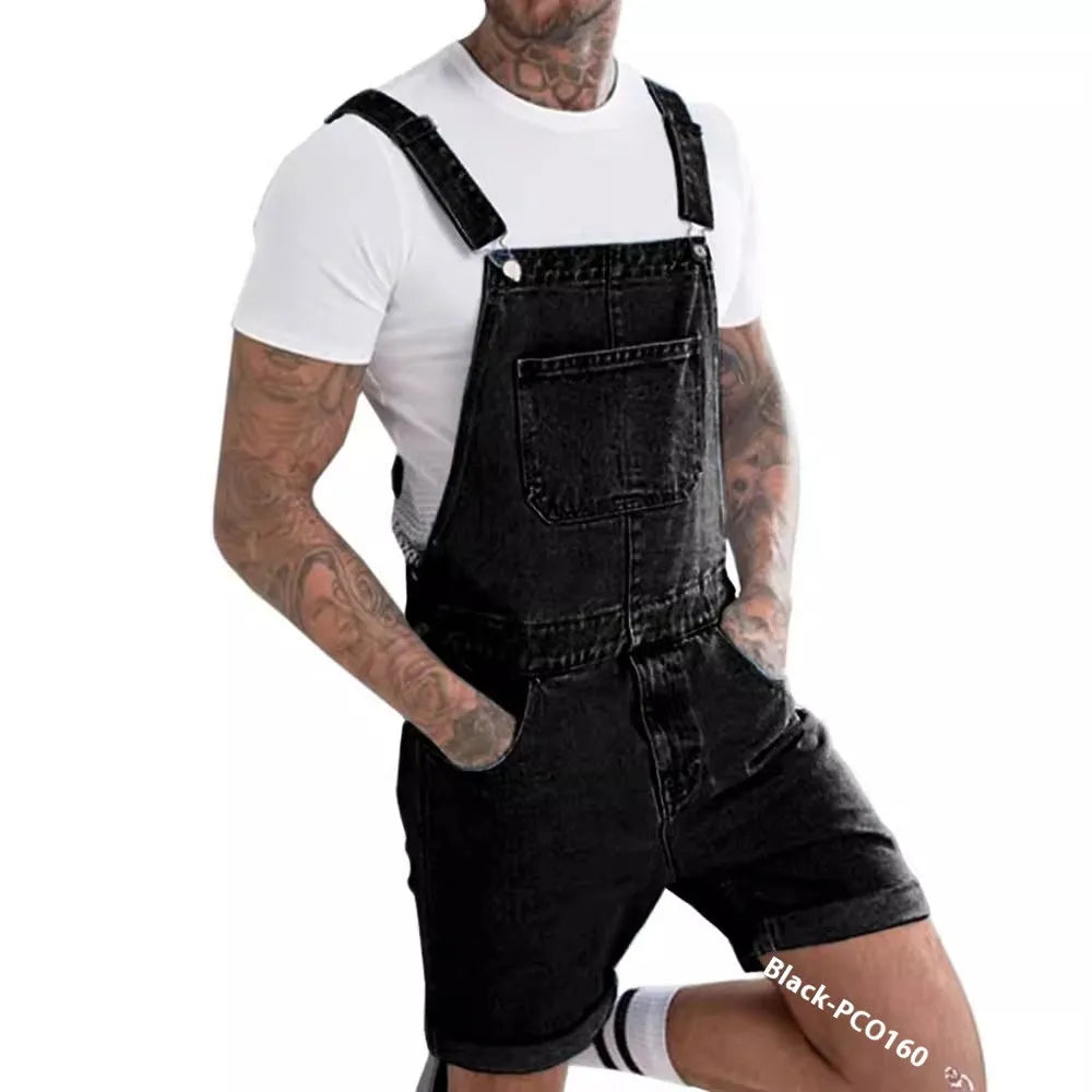 Youth denim suspender pants in black with elastic waist and suspender straps, shorts length with zipper fly