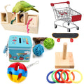 Wooden parrot puzzle training toy set for bird mental stimulation and foraging.