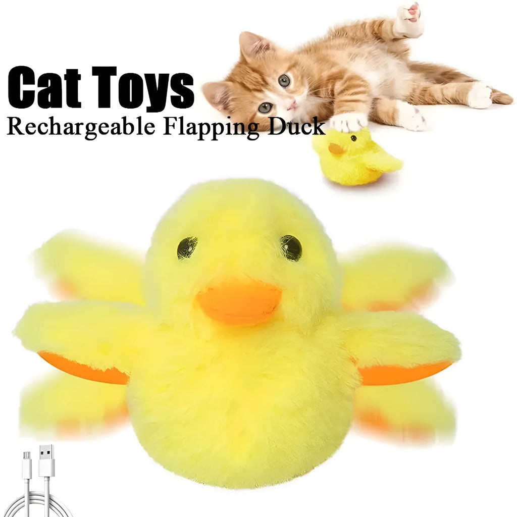 Yellow electric flapping duck cat toy with catnip and vibration sensor on plain background